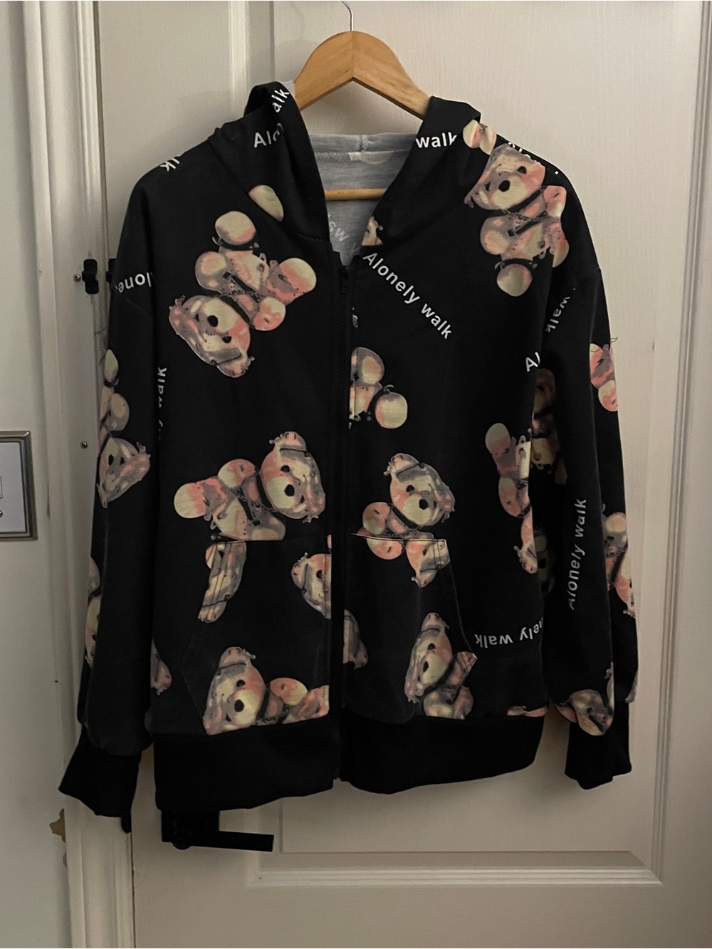 Black Hoodie with Pink Bear Print -